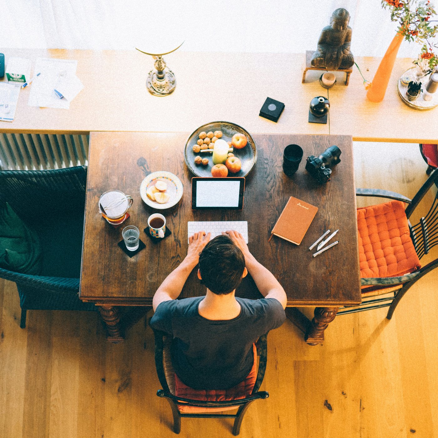 An overhead view of a modern collaborative workplace