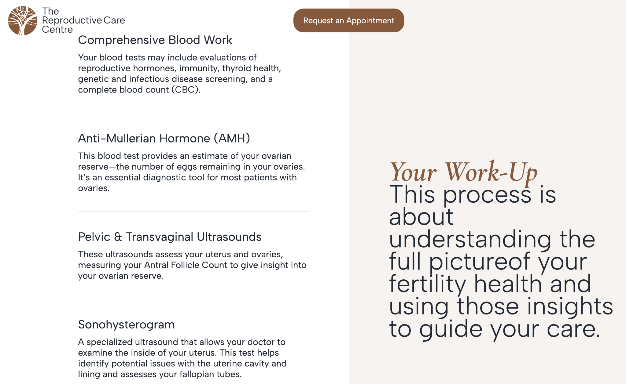 Reproductive Care Centre website content explaining comprehensive blood work, AMH, pelvic ultrasounds and sonohysterograms in patient-friendly language